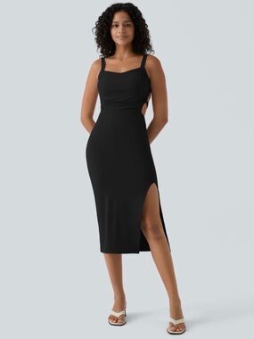 Halara Ruched Lace Up Bodycon Midi Casual Dress Size Small
